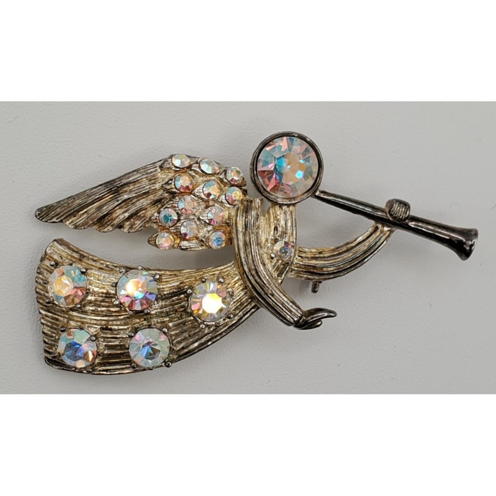 Vtg Gold Tone Eisenberg Ice Aurora Borealis Angel & Trumpet Brooch‎ Pin